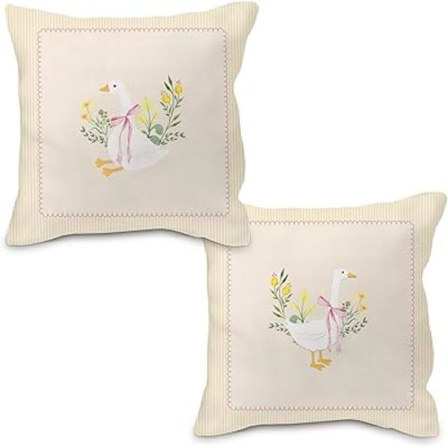 Coquette Pink Bow Floral Goose Pillow Covers 18x18, Goose Nursery Decor, Vintage Flower Cute Geese Decorative Throw Pillow Case Covers for Baby Little Girls Room Bedroom, Set of 2