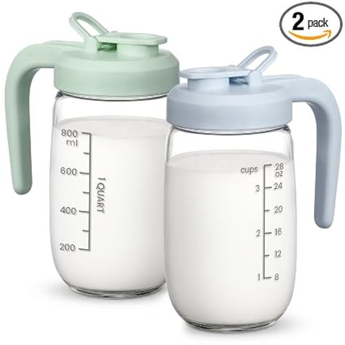 2 Pack Breast Milk Pitcher 32 OZ, Heat & Cold Resistant, Sudden Temperature Safe, Fast Baby Formula Maker with Wide Mouth, No Leak Glass Fridge Storage Container for Juice, Cold Brew-Blue, Green