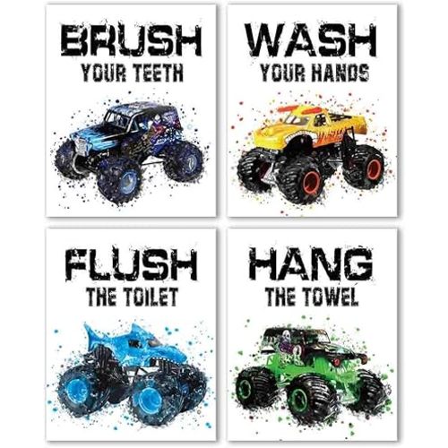 IIILUYOT Bathroom Wall Decor Funny Watercolor Racing Car, Brush Flush Wipe Wash Baby Boy Nursery Bathroom Wall Art Prints Decorations for Kids Nursery Boy Girl Son, Set of 4(8" x 10") Unframed