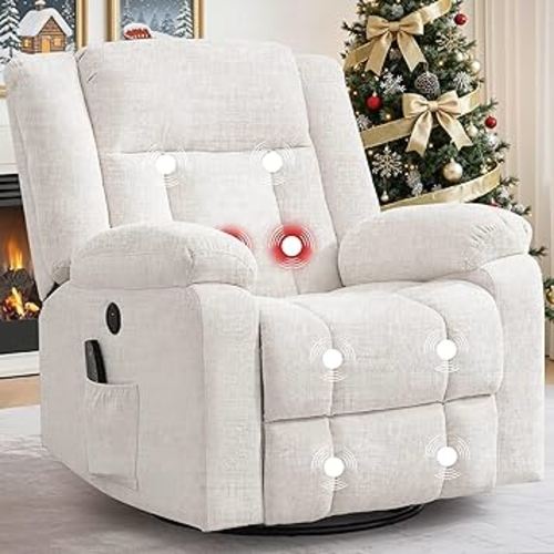 Rocker Recliner, Glider Recliner Chairs for Adults, 360° Swivel Rocking Chair with Massage and Heating, Nursery Chair with Storage and USB Charging for Living Room, Bedroom, Nursery