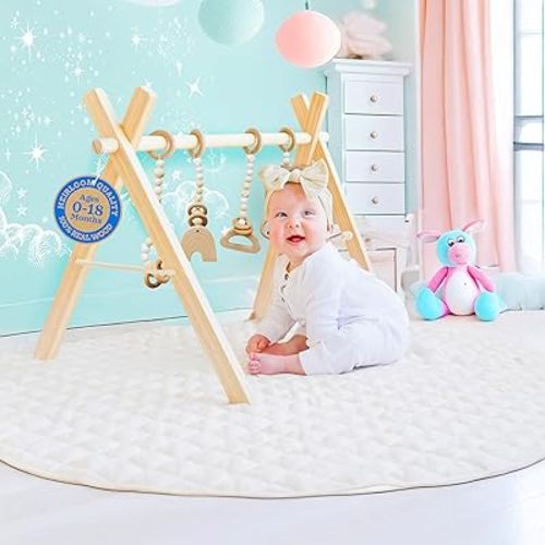 Poppyseed Play Wooden Baby Play Gym, Montessori Activity Center for Infants, Natural Wood Frame with 4 Hanging Toys, Foldable Baby Gym for Floor Play, Tummy Time & Early Development, Ages 0–12 Months