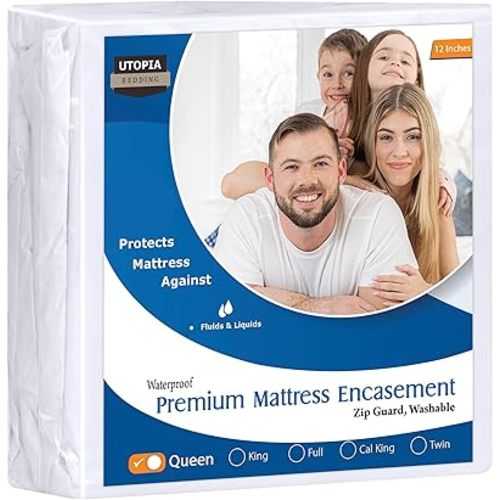 Utopia Bedding Premium Waterproof Bed Bug Mattress Cover, Queen Zippered Mattress Protector, 12 Inches Deep, Dust Mite Proof 6-Sided Mattress Encasement for Bed