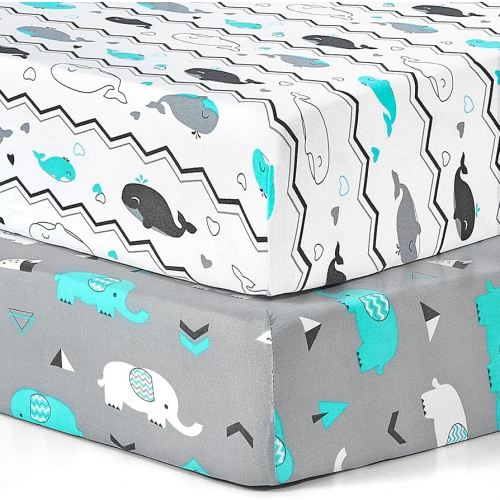 BROLEX Baby Fitted Crib Sheets: Kid Crib Sheets - Set of 2 for Toddler Standard Size Crib Mattress for Boys and Girls - Jersey Knit Crib Bed Sheets Elephant Whale