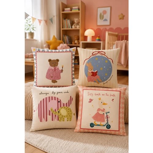 Set of 4 Animal Pillow Covers – Bunny, Bear, Elephant, Duck Nursery Decor (17x17 in)