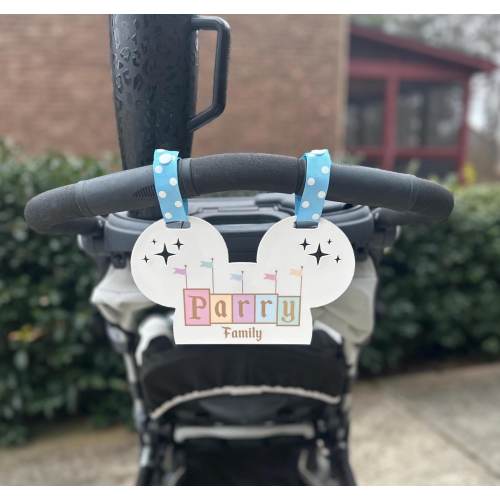 Personalized Family Name Stroller Tag, Amusement Theme Park Sign for Strollers, Inspired Princess Superhero Themed Tags for Baby Carrier