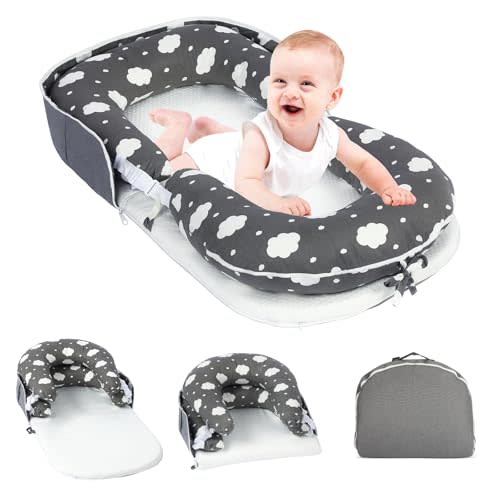 Portable Baby Lounger & Tummy Time with Zip-Up Carry Bag, Infant Support Cushion for Newborns to Toddlers (Cloud)