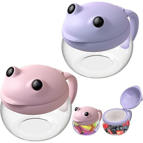 SELEWARE 2 Pack Toddler Snack Cups No Spill Snack Containers for Kids with Spill-Proof Lid & Handle, 12.3 Oz BPA-Free Plastic Baby Snack Catcher, Dishwasher Safe, Cute Frog Design (Pink & Purple)