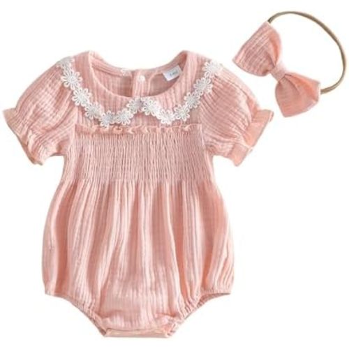 Newborn Baby Girl Bubble Romper Summer Clothes Cotton Linen Short Sleeve Smocked Jumpsuit Headband Infant Outfit