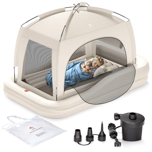 QPAU Inflatable Toddler Travel Bed with Tent, Baby Crib Tent, Portable Kids Air Mattress with Safety Bumpers, Ideal for Home, Grandma's, Camping, Traveling -Includes Fast Electric Pump