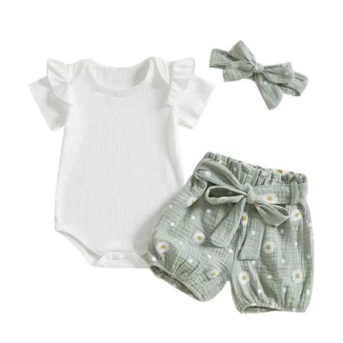 Baby Girl Summer Ribbed Romper Set with Daisy Shorts & Headband – (3 Piece Outfit - 3-24M)