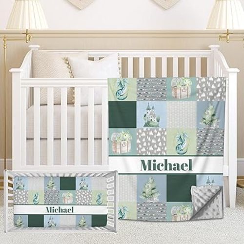 Personalized Baby Crib Bedding Sets for Boys Girls, Custom Name Cute Dragon 2 Piece Nursery Baby Bedding Set, Customized Crib Fitted Sheets and Minky Comforter for Newborn Babies