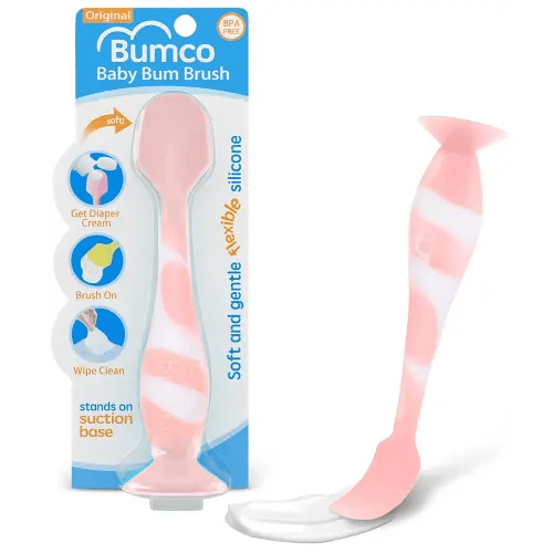 Bumco Baby Bum Brush - BPA-Free Diaper Cream Spatula with Suction Cup Base, Soft & Flexible Silicone, Wipe-Clean, Mom-Invented Diaper Bag Essentials (Light Pink Swirl)