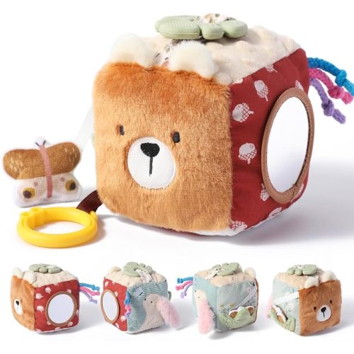 let's make Baby Tissue Box Toy, Farm Montessori Sensory Toys 6-12 Months, Play Silks & Crinkle Tissues with 3D Corduroy, Mirror, Squeaky Cow & Travel Clip - Fine Motor Skills Baby Girl Boy Gifts