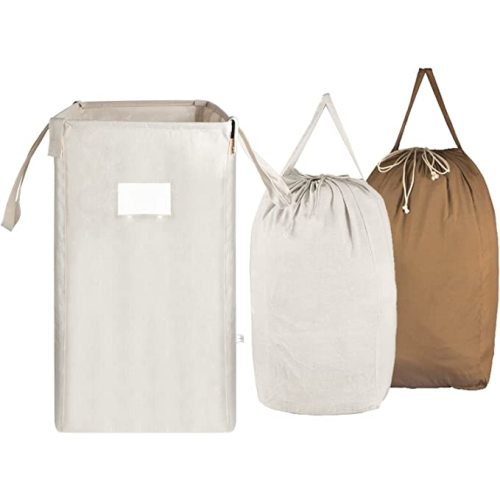 MCleanPin Laundry Hamper Collapsible with 2 Removeable Laundry Bags & Sorting Card, Dirty Clothes Hamper Large Size, Durable Linen, 2 Handles Foldable Hamper Dorm Room Storage for College,Beige