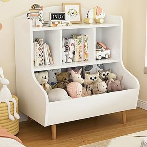 Kids Bookshelf and Toy Storage, 4 Cubby Bookcase White Toy Shelf Organizer, 3 Tier Toddler Baby Bookshelf with Storage, Montessori Nursery Bookshelves, Wooden Small Book Shelf for Kids Rooms