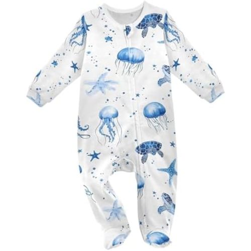 vvfelixl Watercolor Ocean-themed Baby Sleepers for Girl Boys Newborn Baby Play One-Piece Footies for 0-3 Months