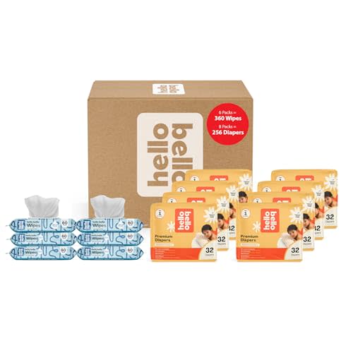 Hello Bello Mega Surprise Pack, Size 1 (8-12 lbs), 256ct Hypoallergenic Assorted Diapers with a Soft, Cloth-Like Feel Plus 360 Ultra Gentle Unscented Baby Wipes in 6 Resealable Packs
