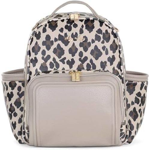 Itzy Ritzy Mini Diaper Bag Backpack - 10 Pockets w/Changing Pad (Leopard) | Chic Mini Plus Diaper Bag with 2 Insulated Bottle Pockets, Key Lanyard, Wipeable Changing Pad, Grab-Top Handle & Rubber Feet