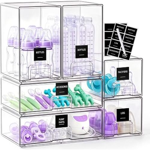 6 Pack Baby Bottle Organizer Storage for Countertop with Labels and Marker
