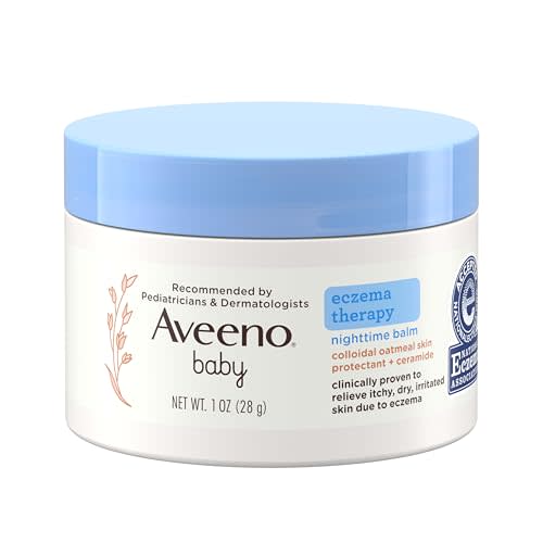 Aveeno Baby Eczema Therapy Nighttime Moisturizing Balm, Colloidal Oatmeal & Ceramide, Soothes & Relieves Dry, Itchy Skin from Eczema, Hypoallergenic, Fragrance-Free, Travel Size, 1 oz