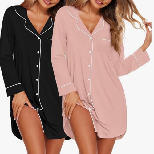 Ekouaer 2 Pack Nightgowns for Women Long Sleeve Night Shirt Button Down Sleep Shirt V-Neck Sleep Dress Pajama Sleepwear