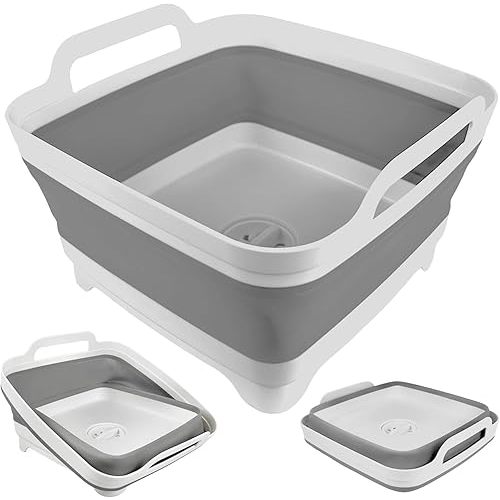 Baoswi Collapsible Wash Basin with Drain Plug - 2.4 Gallon (9L) Portable Sink for RV Camping,Space-Saving Dish Pan and Wash Basin for Baby Bottles - Collapsible Dish Tub (Gray)