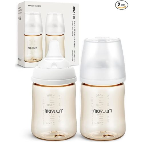 Moyuum 3rd Gen PPSU Baby Bottle | Premium Anti-Colic Feeding Bottle, Microplastic & BPA Free, Natural Fit Breastfeeding Nipple, Lightweight, Easy to Clean, Made in Korea - 6oz (2 Pack, Basic White)