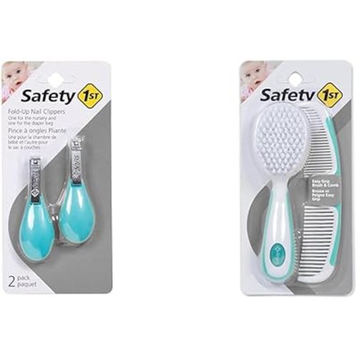 Safety 1st Fold-Up Nail Clipper, 2-Count - Colors May Vary & Easy Grip Brush and Comb, Colors May Vary