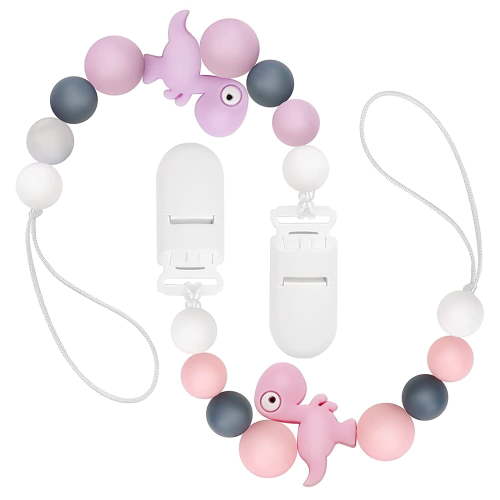 Pacifiers Clips Holder, 2 Pack Pacifier Case Silicone Beaded Lanyard Teething Relief Teether Toys for Baby Boys Girls Newborn (Pink Dinosaur)