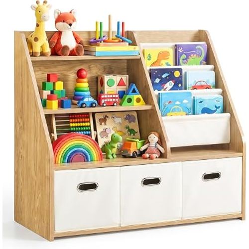 Kids Bookshelf & Toy Storage Organizer, 4‑Tier Sturdy Toddler Book Shelf with Removable Fabric Bins for Classroom, Playroom, Bedroom, 32" W x 16" D x 32" H