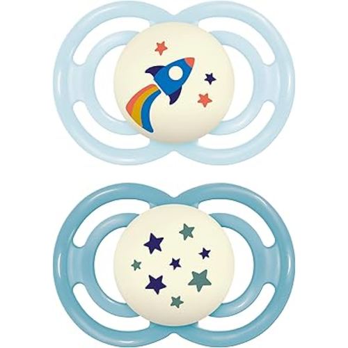 MAM Perfect Night Baby Pacifier, Patented Nipple, Glows in The Dark, 2 Pack, 16+ Months, Blue/Boy