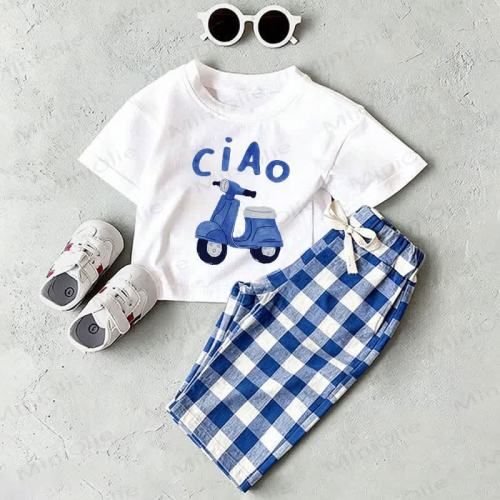 CIAO Baby White T-shirt and Blue Plaid Pants 2-Piece Set