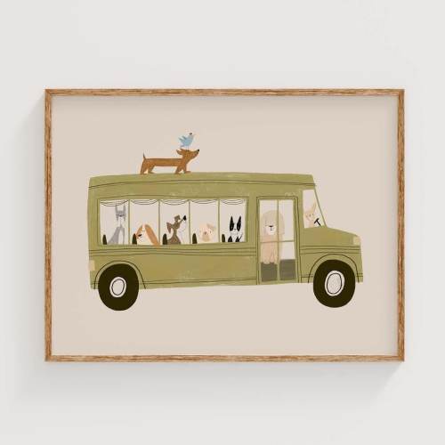 Dogs in Bus Art Print: Funny Kids Nursery Wall Decor