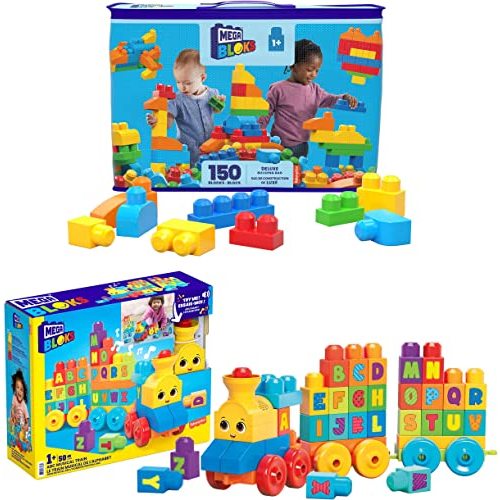 Mega BLOKS First Builders Deluxe Building Bag + ABC Musical Train, Building Set Bundle, Blue Bag, 200 Pieces