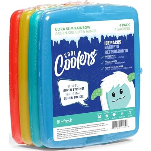 Cool Coolers by Fit + Fresh, 4 Pack Slim Ice Packs, Space Saving Reusable Ice Packs for Lunch Boxes or Coolers