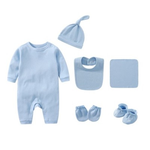 MyKids-USA Newborn Solid Color Romper Hat, Bib, Gloves, Footwear, Square Scarf Sets Blue 52