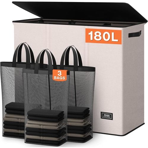 SOLEDI 180L 3-Section Laundry Hamper with Lid, Extra Large Dirty Clothes Basket with Sturdy Handles for Laundry Room & Bedroom - Durable Organizer for Sorting Laundry