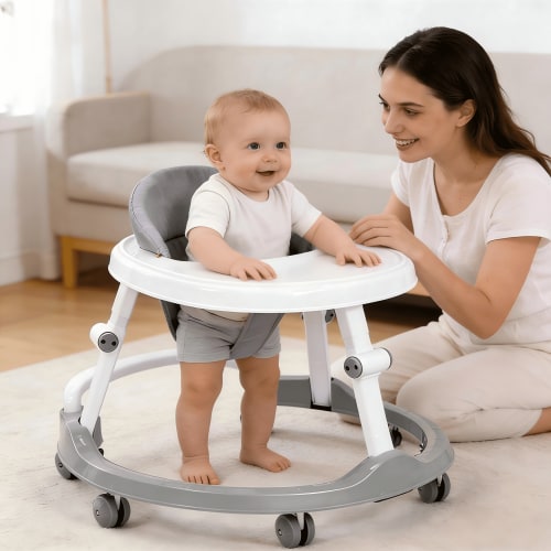 Foldable Baby Walker with Activity Tray, Adjustable Height Learning Walker, Lightweight Anti-Slip Infant Walker for 6 Months+ Babies, Compact Space-Saving Design, Supports Up to 26 lbs