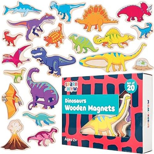 SPARK & WOW Wooden Magnets | Dinosaurs | Magnets for Kids Ages 2+ | Open-Ended Play | Adhere to Fridges, Whiteboards and More