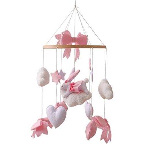 Pink Bow Rabbit Crib Mobile for Girls, Hand-Crocheted Boho Nursery Hanging Decorations with Soft Rabbit Felt Cute Gifts for Newborns(Stars, Clouds, Moon)