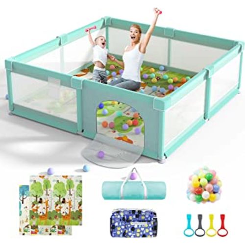 LUTIKIANG 79" x 71" Baby Playpen with Mat, Play Yard for Babies and Toddlers, Indoor/Outdoor Gate, Large Play Pen for Safety, Playtime, and Fun (Green)