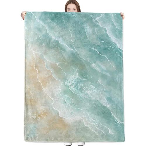 Beach Blanket Coastal Landscape with Soft Wave and Aqua Blue Throw Blankets Lightweight Flannel Ocean Watercolor Throws for Camping Couch Chair Bed Home Decor Gifts for Adults,60x50inch