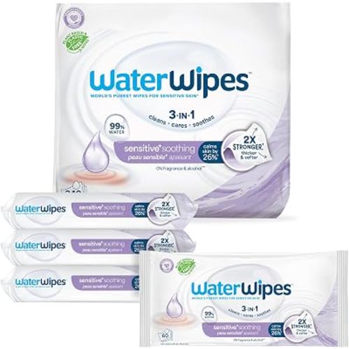 WaterWipes Sensitive+ Soothing Wipes, 3-In-1 Cleans, Cares, Soothes, 99% Water with Botanical Extract, Unscented & Hypoallergenic Baby Wipes, 360 Count (6 Packs)