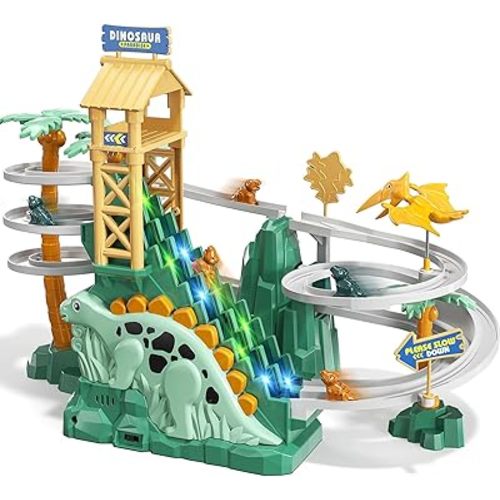 JUKUDAHU Dinosaur Climbing Slide Stair Toy for Toddlers Aged 3 4 5 6 7 8 - Racing Track Game Set, Sliding Car Toy, Dinosaur Themed with Light and Music, Birthday Dinosaur Gifts for Boys Girls Kids