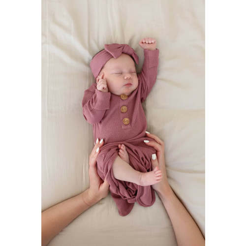 Boysenberry Bamboo Waffle Newborn Baby Knot Gown & Hat Set