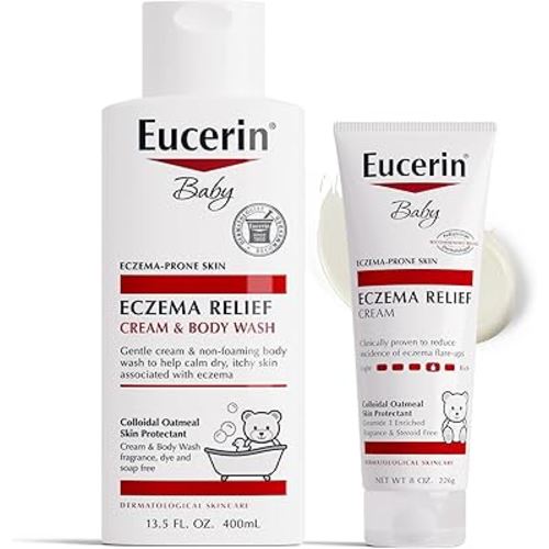Eucerin Baby Eczema Relief Cream and Body Wash (13.5 Fl Oz) + Baby Eczema Cream (8 Oz), Fragrance Free Skin Care Set with Colloidal Oatmeal (Skin Protectant)