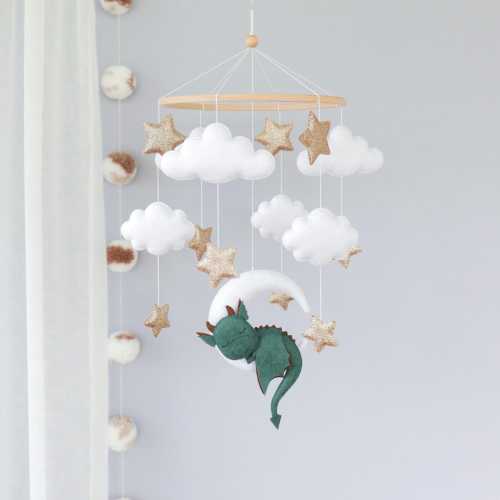 Dragon baby mobile for crib, Fantasy nursery decor, Neutral baby shower gift, Moon, clouds & stars felt mobile