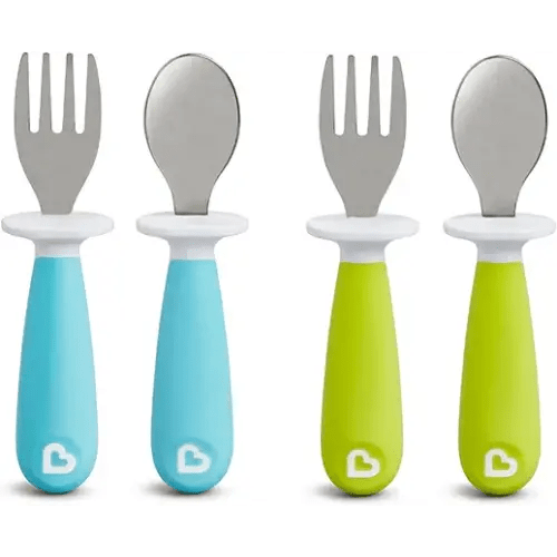 Munchkin® Raise™ Toddler Fork and Spoon Utensil Set, Rest Keeps Tip Off Table, BPA Free, 4 Pack, Blue/Green