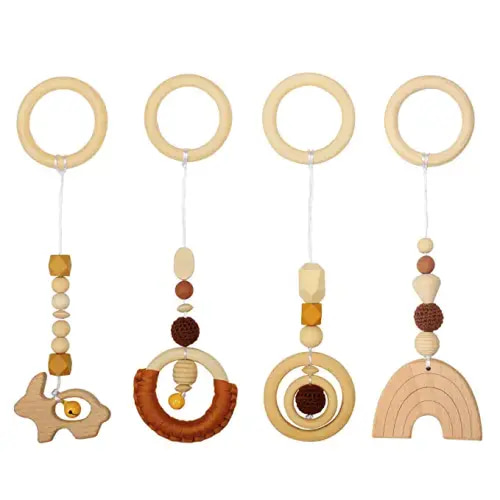 Wooden Hanging Toys Baby Play Gym Activity Set & Rainbow Pendant Infant Sensory Toys for Playing Gyms Activity 4 Sets of Hanging Play Gym Toys Newborn Gifts