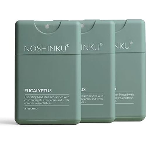 Noshinku - Refillable Hand Sanitizer Eucalyptus 3-Pack, Travel Size Spray with Hydrating Botanical Oils, Natural Ingredients, All Natural Fragrances, Sugarcane Derived Alcohol, No Parabens, No Dyes